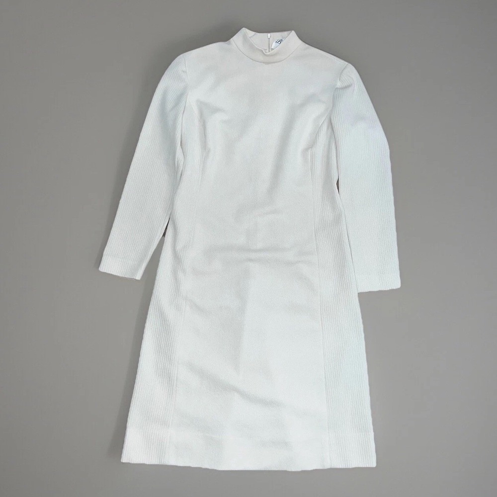Vintage 60s Butte Knit Womens White Dacron Sheath Dress Knee Length Midi S